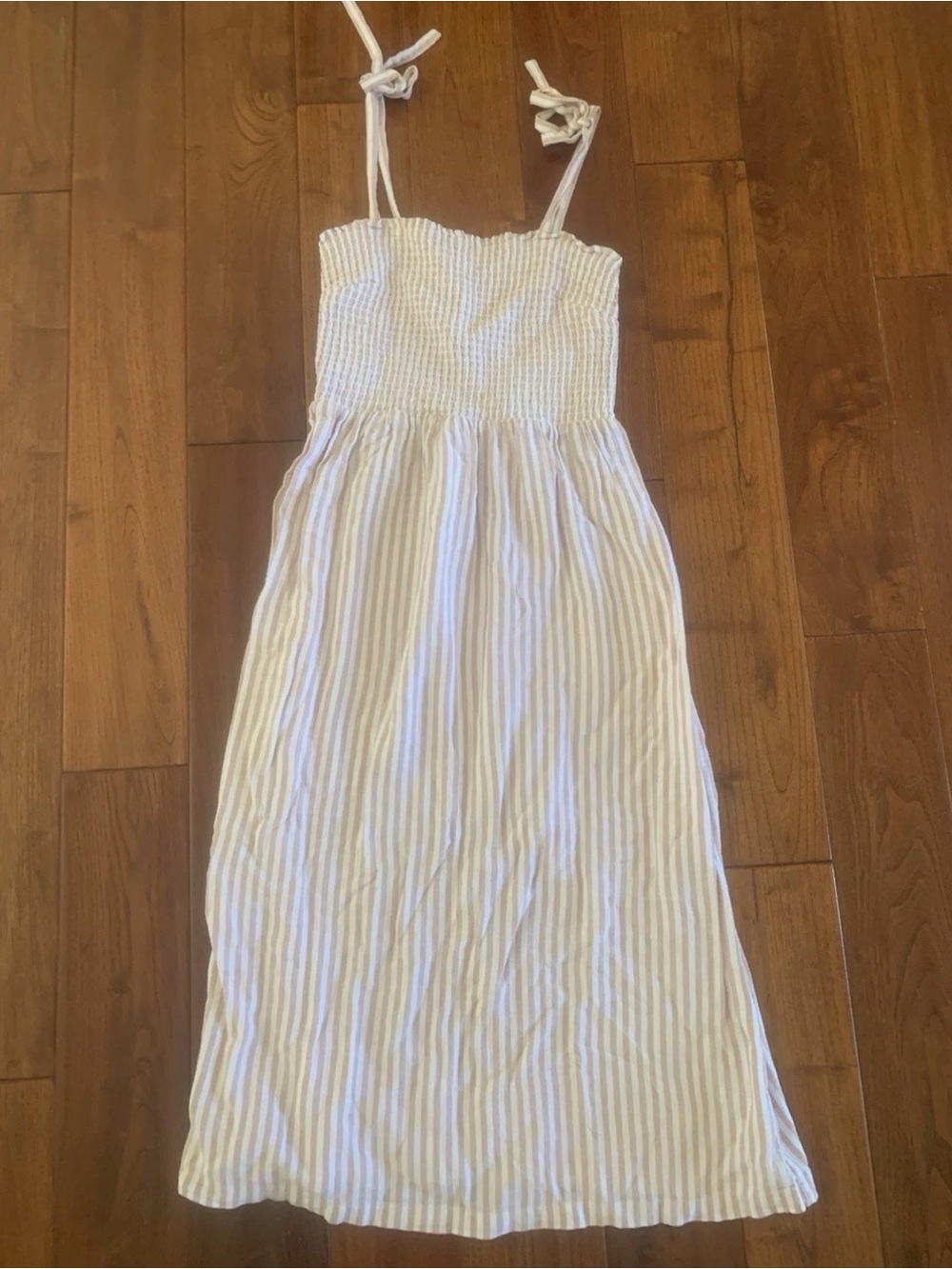 Gap Maxi Dress Size S Smocked Bodice Pink Stripe Linen Top Ties